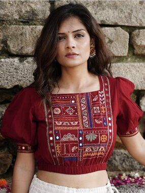 OKHAI Raas-Garba Hand-Embroidered Mirrored Brick Red Cropped Blouse Boho Medium